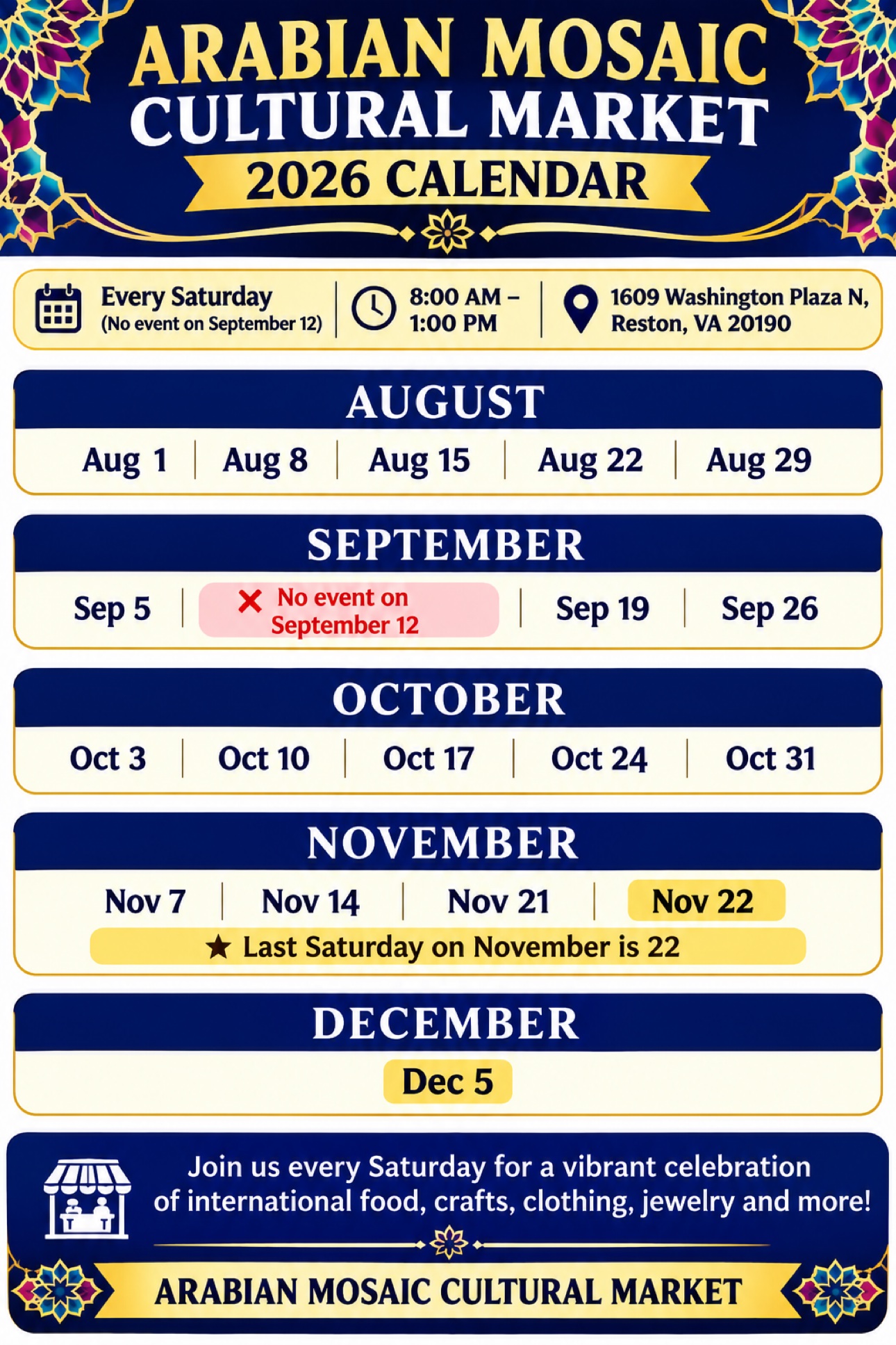 Arabian Mosaic Cultural Market 2026 calendar showing every Saturday market date from August to December