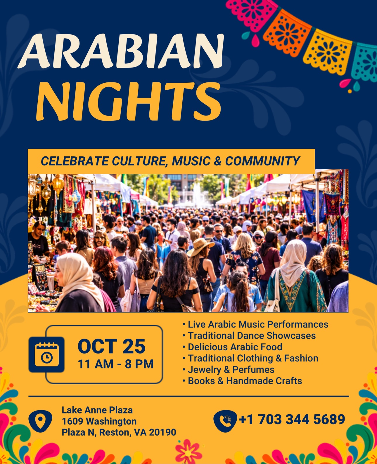 Arabian Nights event flyer for October 25 at Lake Anne Plaza